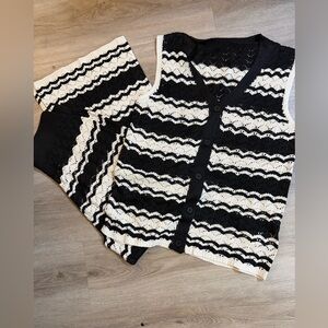 Boho Knit Vest & Wide Leg Pants Matching Set Size Large Black Cream Size Large